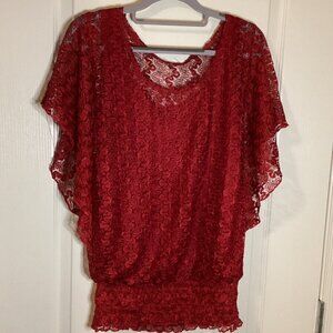 Women's Red Lace Blouse Top Batwing Sleeves Lined Party Cocktail Eveningwear